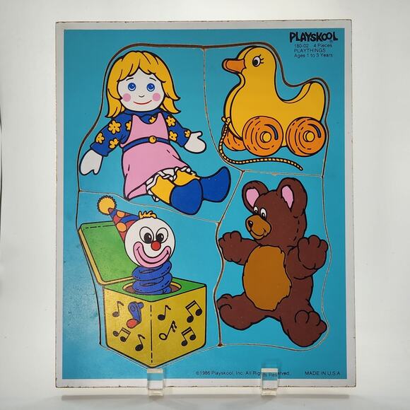 Vintage 1986 Playskool Wooden Puzzle “Playthings” 4-Piece Toy Theme - Picture 2 of 9